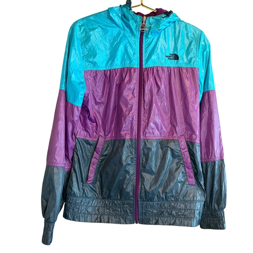 The North Face Retro Windbreaker Jacket Hooded Turquoise Purple Gray Small‎